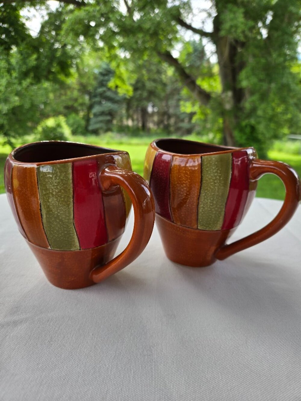 Set of 2 Pier 1 Wavy Stripe Pattern Coffee Mug Cup Hand-Painted Stoneware